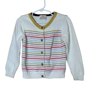 Hanna Andersson 110 Girls Cardigan Sweater White Multi Stripes Heart Elbow Patch